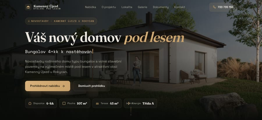 Web developerského projektu Bydlení Kamenný Újezd